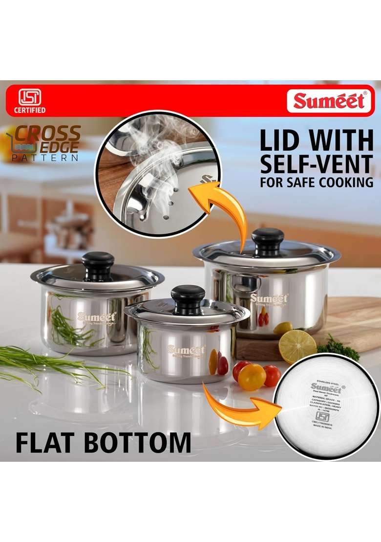 Sumeet ISI Certified HeavyPly Stainless Steel Patila Cooking Pot Set | 400 ml | 13.5 fl oz | 3-Piece Set | Induction Compatible | With Lid - Indya