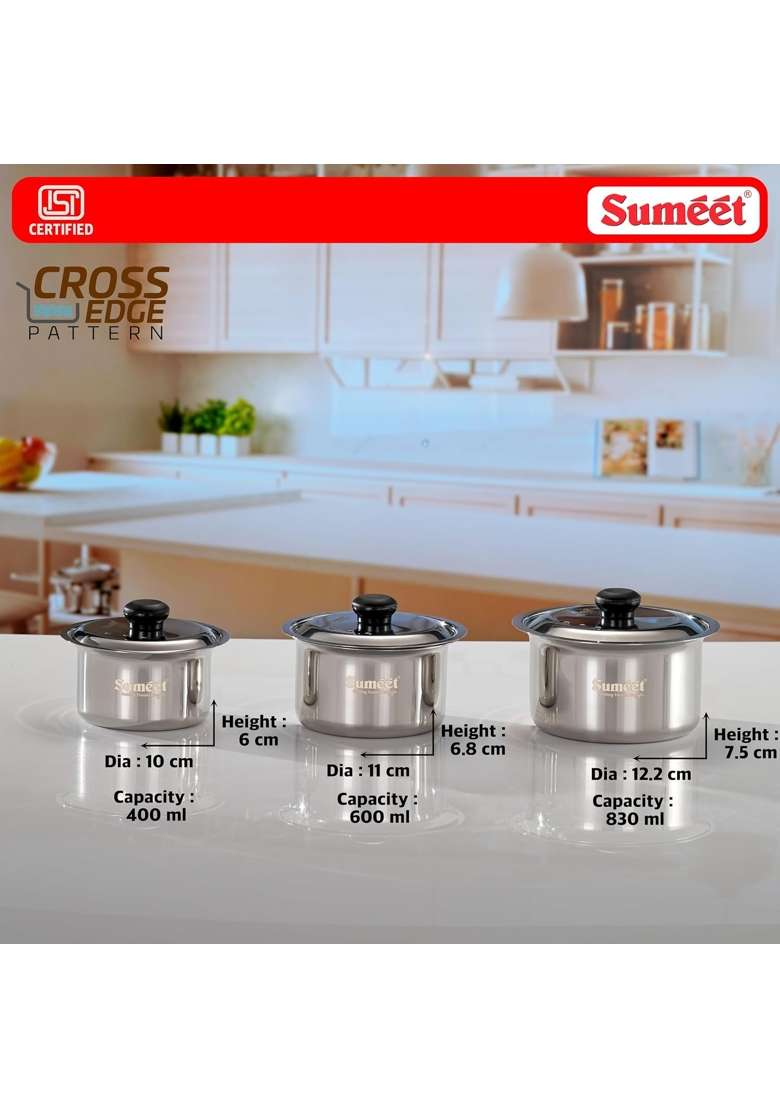 Sumeet ISI Certified HeavyPly Stainless Steel Patila Cooking Pot Set | 400 ml | 13.5 fl oz | 3-Piece Set | Induction Compatible | With Lid - Indya