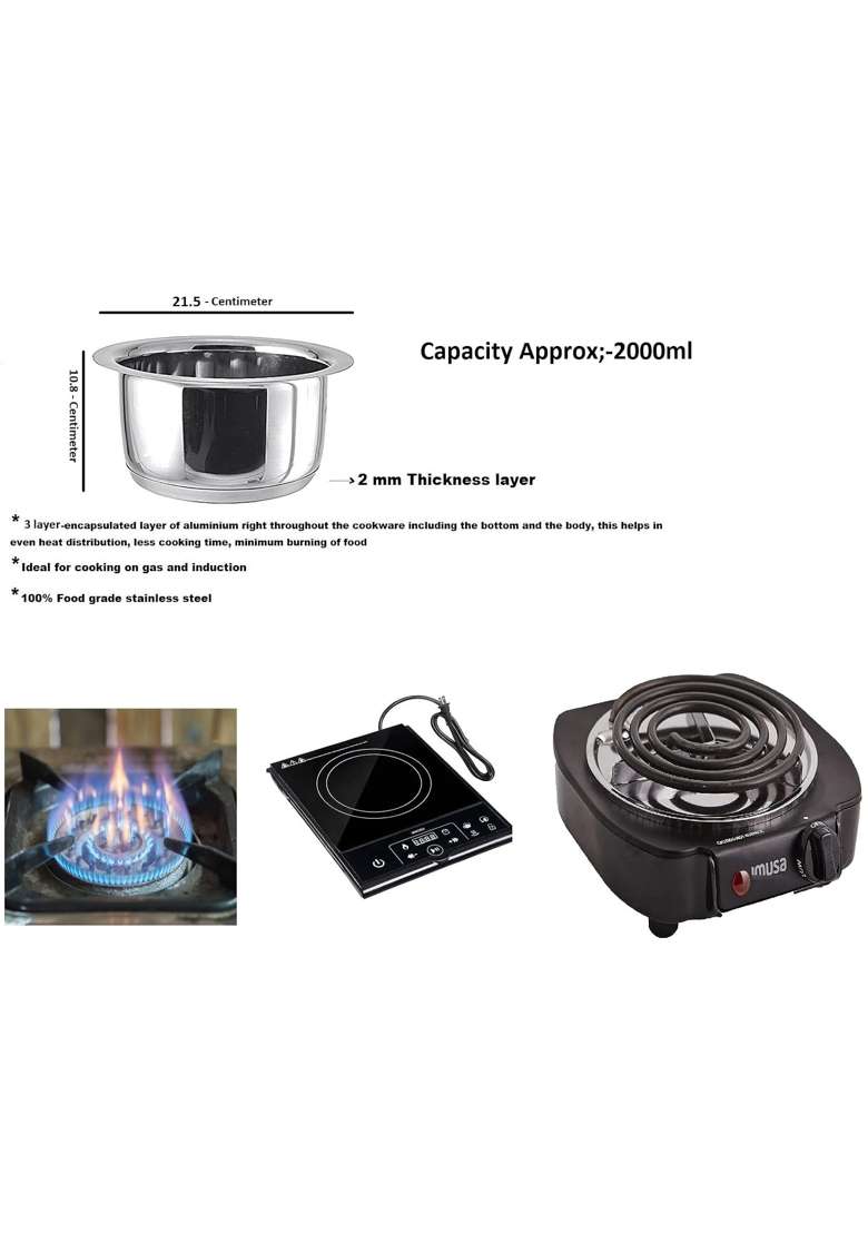 Bartan Star Stainless Steel Flat Bottom Cooking Tope | 2 L | 2.1 Qt | Induction Compatible | Food Safe - Indya