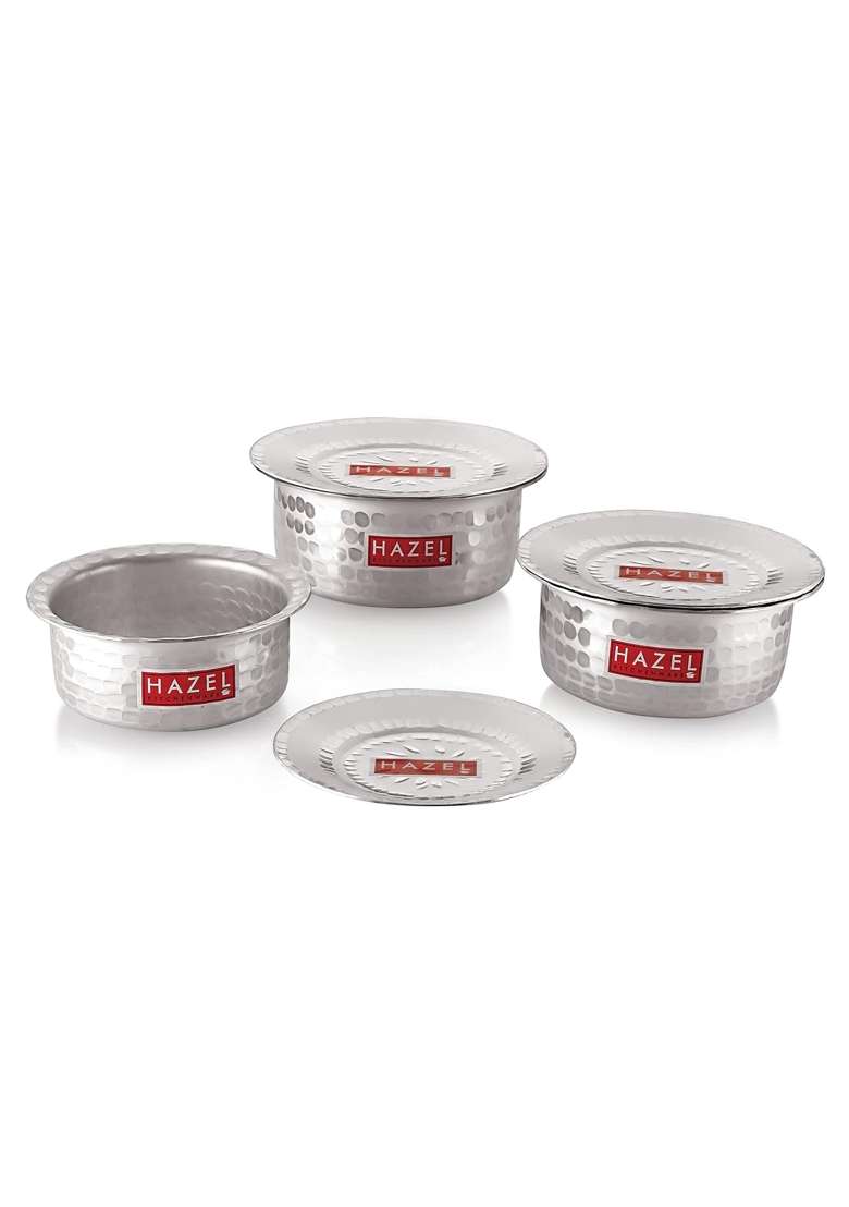 HAZEL Aluminium Hammered Tope Cooking Pot Set with Lid | 1 L | 1.1 Qt | 3-Piece Set | Food Safe - Indya