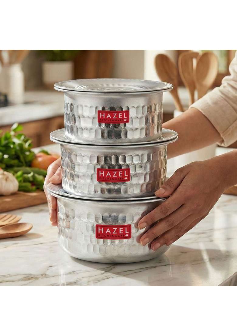 HAZEL Aluminium Hammered Tope Cooking Pot Set with Lid | 1 L | 1.1 Qt | 3-Piece Set | Food Safe - Indya
