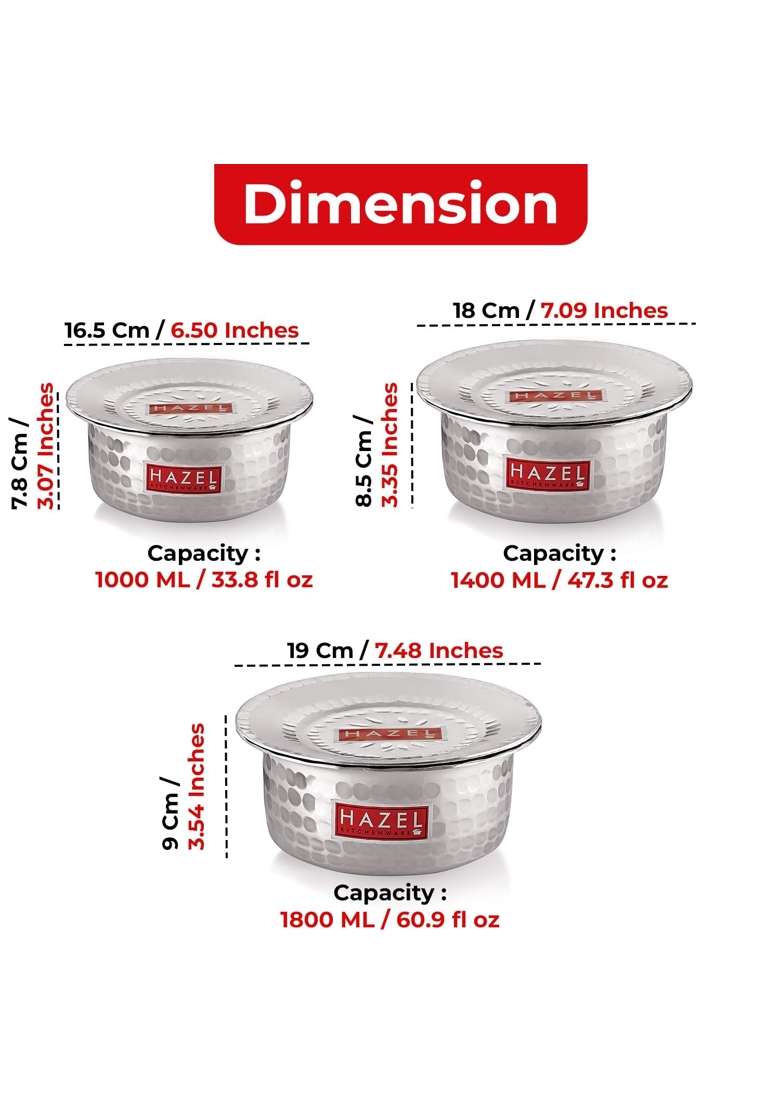 HAZEL Aluminium Hammered Tope Cooking Pot Set with Lid | 1 L | 1.1 Qt | 3-Piece Set | Food Safe - Indya