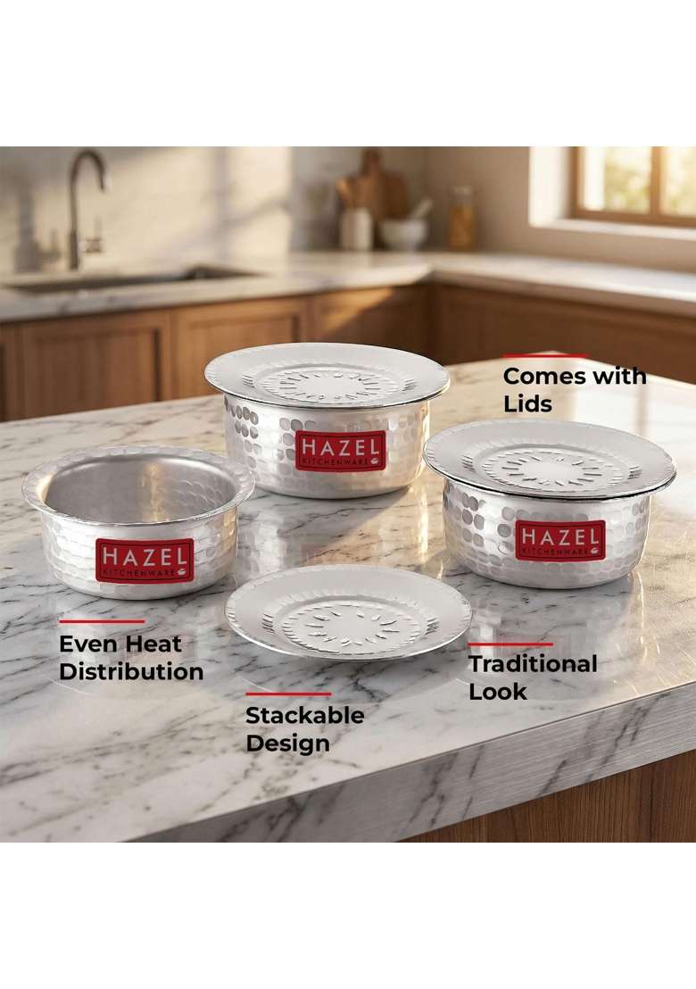 HAZEL Aluminium Hammered Tope Cooking Pot Set with Lid | 1 L | 1.1 Qt | 3-Piece Set | Food Safe - Indya