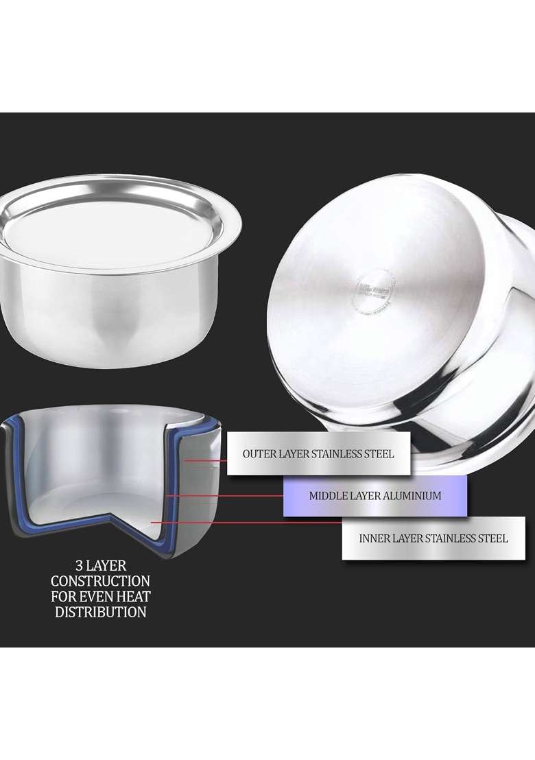MILTON Pro cook TriPly Stainless Steel Tope Cooking Pot with SS Lid | 1.6 L | 1.7 Qt | 16 cm | 6.3 Inch | Induction Compatible | Dishwasher Safe - Indya