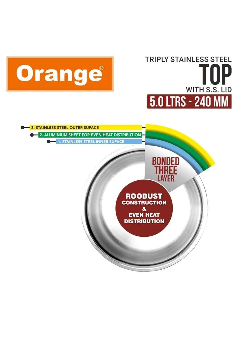 Orange Triply Stainless Steel Tope Milk Pot Boiler Tea Pot Patila Bhagona | 5 L | 5.3 Qt | 24 cm | 9.4 Inch | Induction Compatible | With Lid - Indya