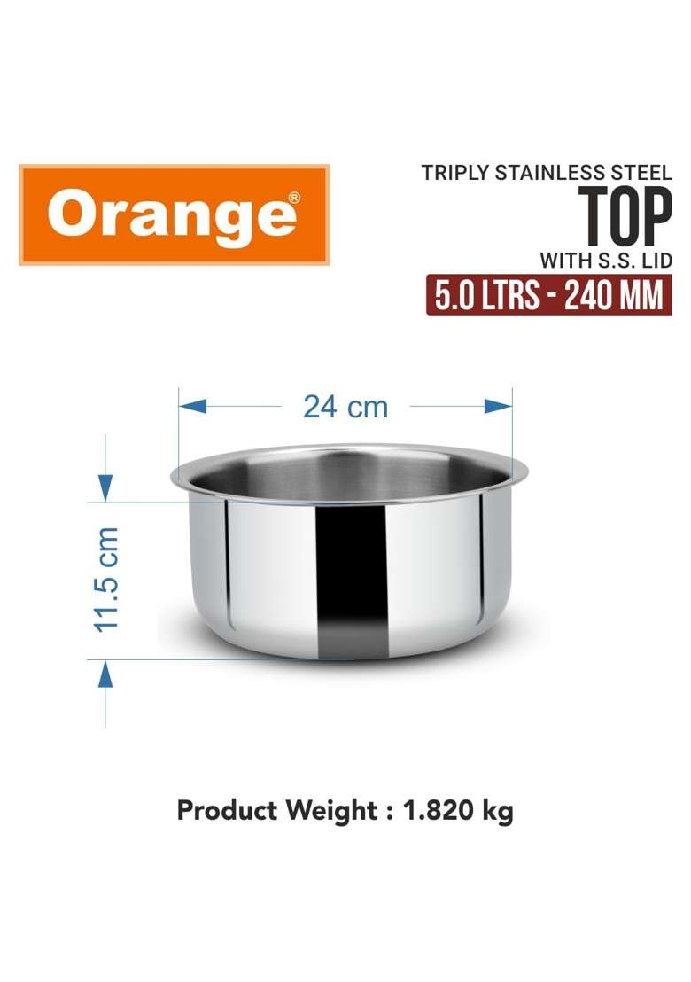 Orange Triply Stainless Steel Tope Milk Pot Boiler Tea Pot Patila Bhagona | 5 L | 5.3 Qt | 24 cm | 9.4 Inch | Induction Compatible | With Lid - Indya