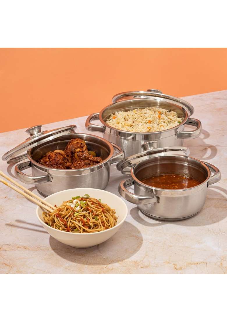 Vinod Bremen Stainless Steel Saucepot with Glass Lids | 3-Piece Set | Induction Compatible | Heavy Bottom | With Lid - Indya