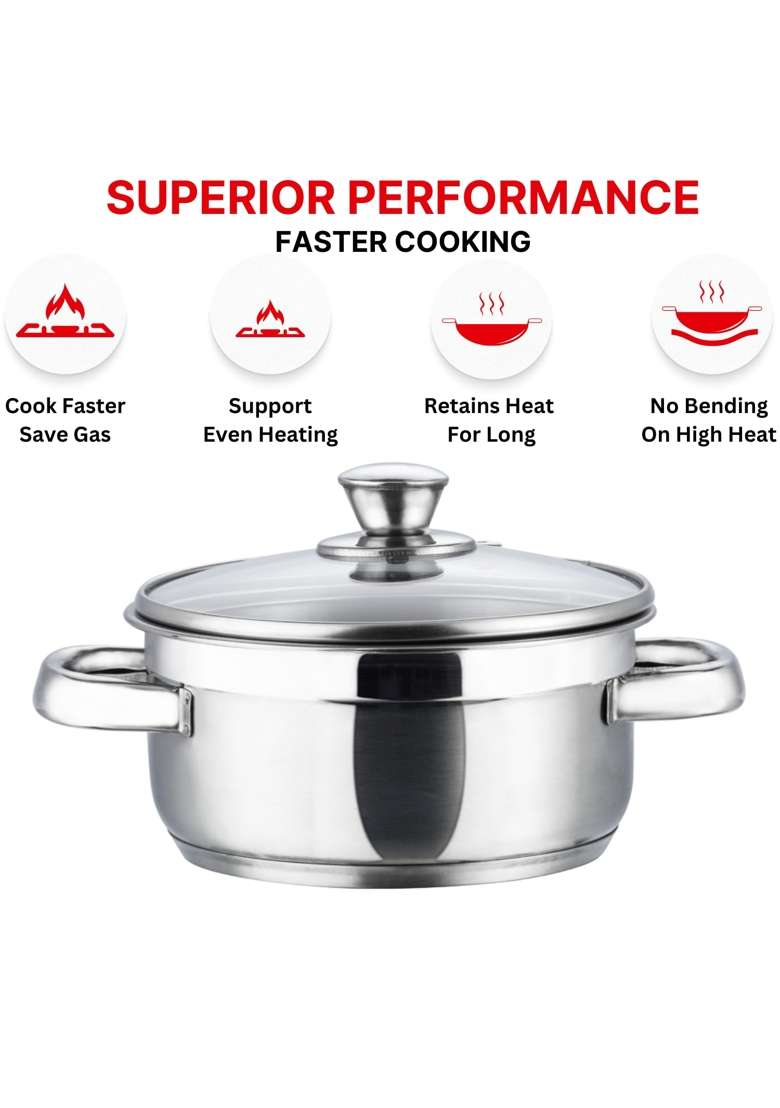 Vinod Bremen Stainless Steel Saucepot with Glass Lids | 3-Piece Set | Induction Compatible | Heavy Bottom | With Lid - Indya