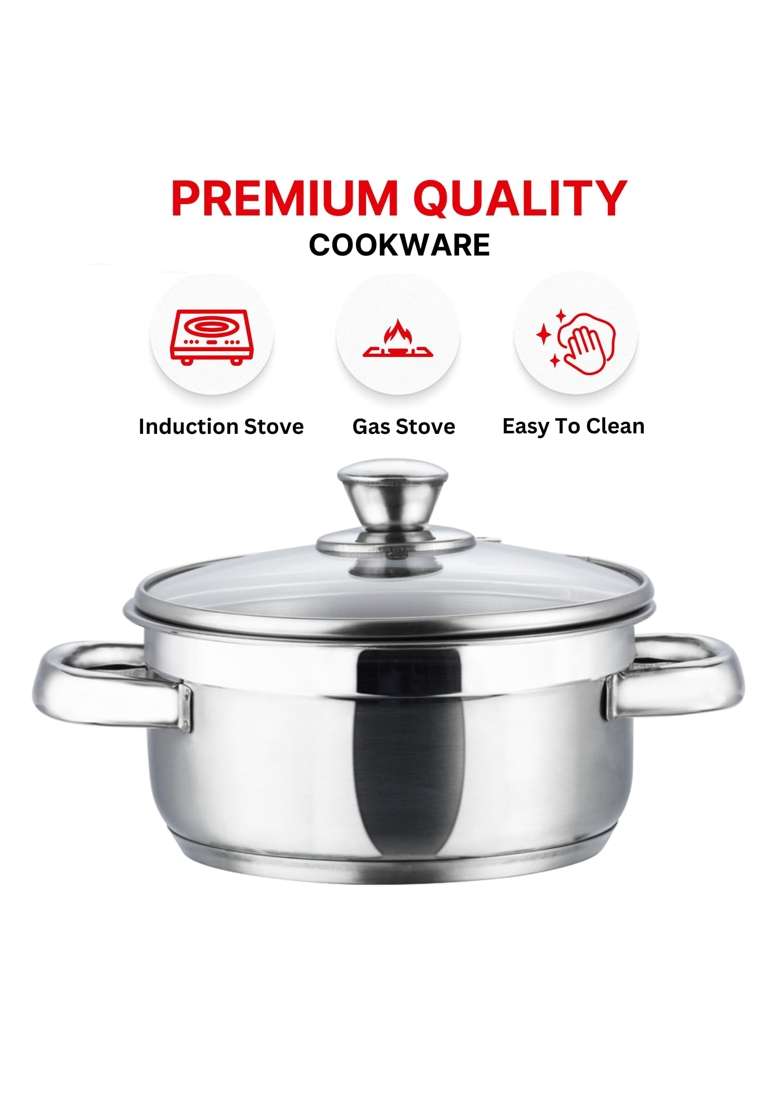 Vinod Bremen Stainless Steel Saucepot with Glass Lids | 3-Piece Set | Induction Compatible | Heavy Bottom | With Lid - Indya