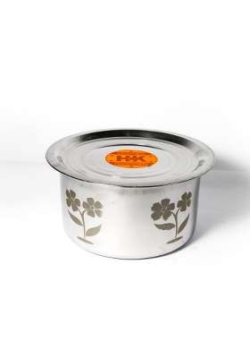 Super HK Flower Print Stainless Steel Bhagona Cooking Pot Tapeli Patila Handi with LID | 2.5 L | 2.6 Qt