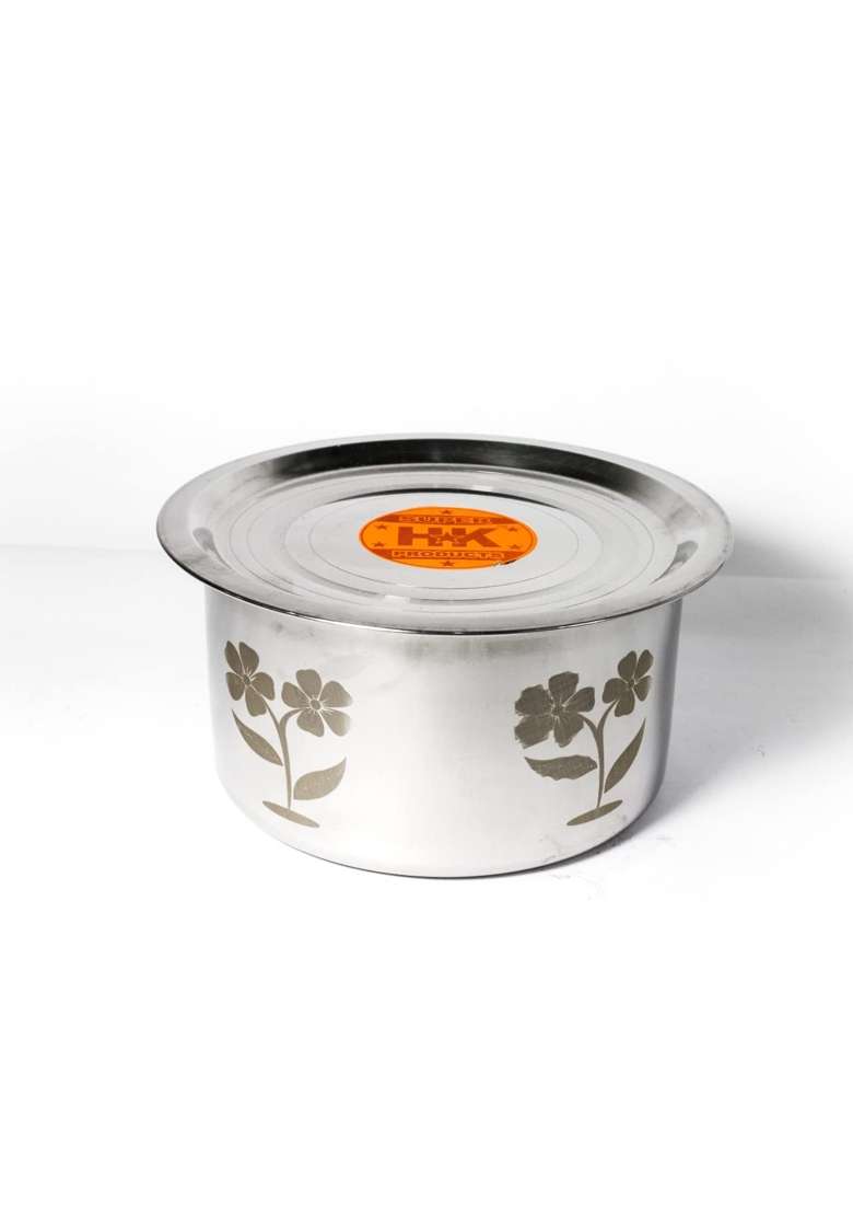 Super HK Flower Print Stainless Steel Bhagona Cooking Pot Tapeli Patila Handi with LID | 2.5 L | 2.6 Qt - Indya