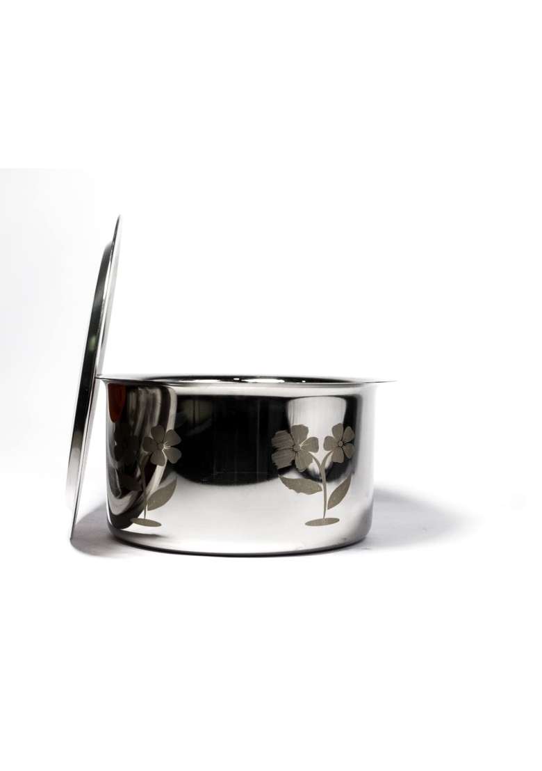 Super HK Flower Print Stainless Steel Bhagona Cooking Pot Tapeli Patila Handi with LID | 2.5 L | 2.6 Qt - Indya