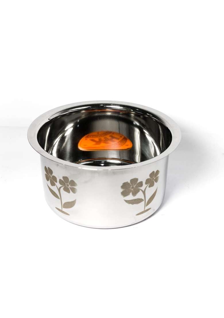 Super HK Flower Print Stainless Steel Bhagona Cooking Pot Tapeli Patila Handi with LID | 2.5 L | 2.6 Qt - Indya