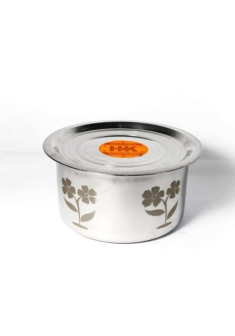Super HK Flower Print Stainless Steel Bhagona Cooking Pot Tapeli Patila Handi with LID | 2.5 L | 2.6 Qt