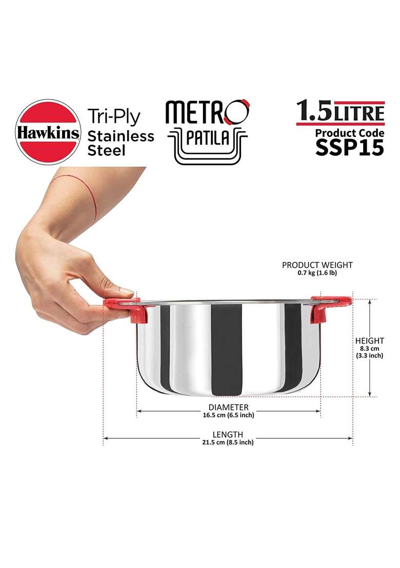 Hawkins Tri-Ply Stainless Steel Metro Patila Cooking Pot Tope Cook-N-Serve | 1.5 L | 1.6 Qt | 3-Piece Set - Indya
