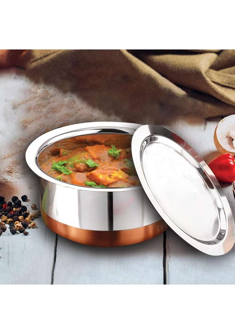JGS Stainless Steel Copper Base Heavy Bhagona Cooking Pot | 4 L | 4.2 Qt | With Lid - Indya