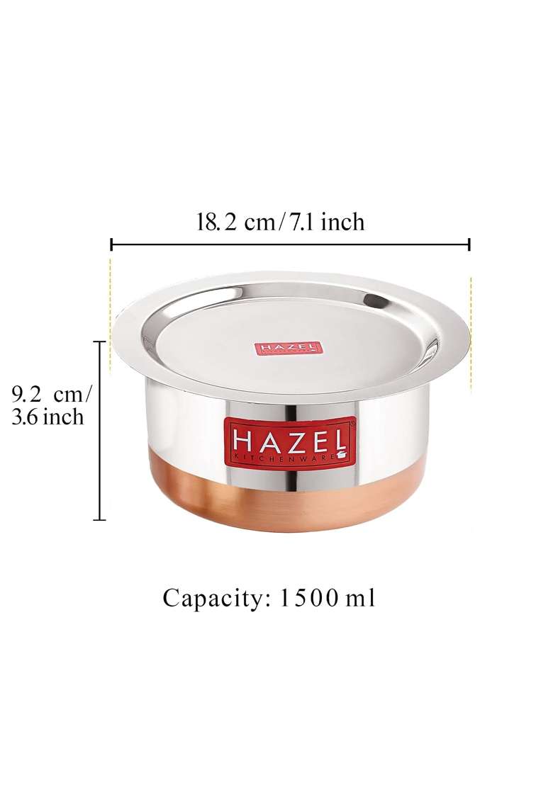 HAZEL Steel Copper Bottom Tope Cooking Pot with Lid | 1.5 L | 1.6 Qt - Indya