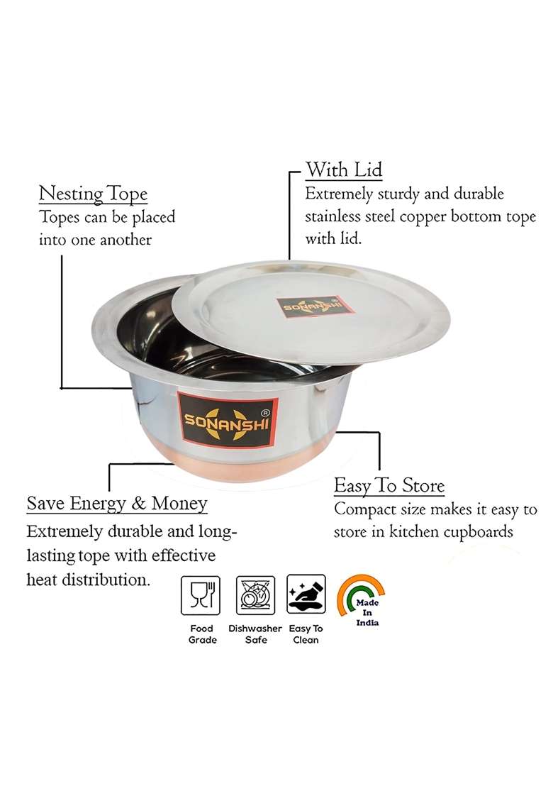 Sonanshi Stainless Steel Copper Bottom Bhagona Patila Tapeli Pot with LID | 1.5 L | 1.6 Qt - Indya
