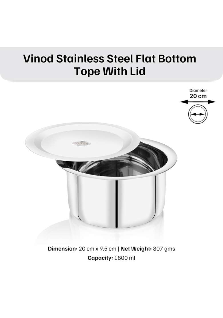 Vinod Stainless Steel Flat Bottom Cooking Tope Cooking Pot with Lid | 1800 ml | 60.9 fl oz | 20 cm | 7.9 Inch | Induction Compatible | Food Safe - Indya