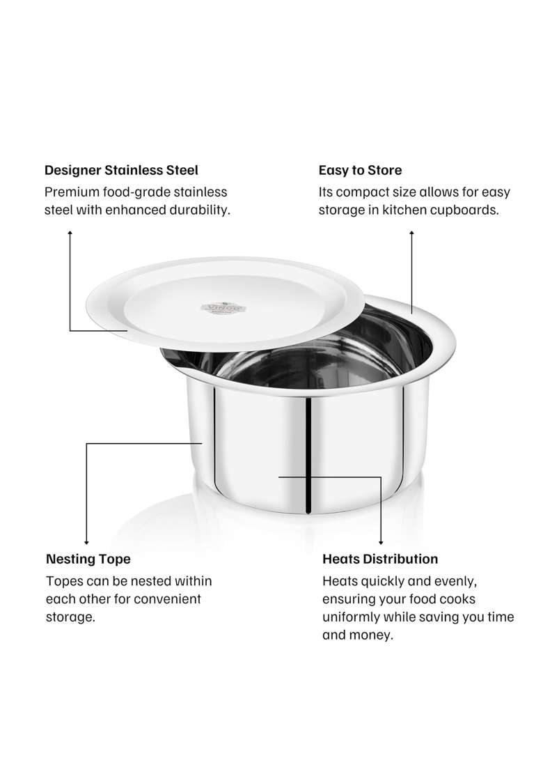 Vinod Stainless Steel Flat Bottom Cooking Tope Cooking Pot with Lid | 1800 ml | 60.9 fl oz | 20 cm | 7.9 Inch | Induction Compatible | Food Safe - Indya