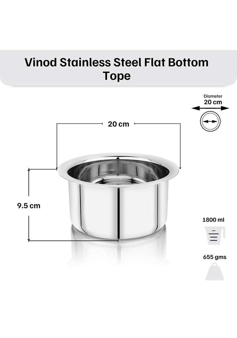 Vinod Stainless Steel Flat Bottom Cooking Tope Cooking Pot | 1800 ml | 60.9 fl oz | 20 cm | 7.9 Inch | Induction Compatible | Food Safe - Indya