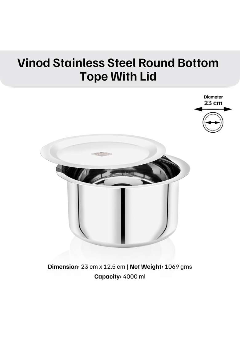 Vinod Stainless Steel Round Bottom Cooking Tope Cooking Pot with Lid | 4000 ml | 135.3 fl oz | 23 cm | 9.1 Inch | Food Safe | Rust Resistant - Indya