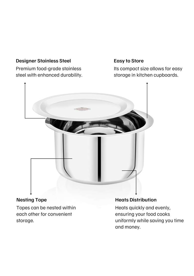 Vinod Stainless Steel Round Bottom Cooking Tope Cooking Pot with Lid | 4000 ml | 135.3 fl oz | 23 cm | 9.1 Inch | Food Safe | Rust Resistant - Indya