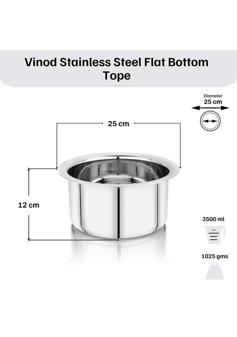Vinod Stainless Steel Flat Bottom Cooking Tope Cooking Pot | 3500 ml | 118.3 fl oz | 25 cm | 9.8 Inch | Induction Compatible | Food Safe - Indya