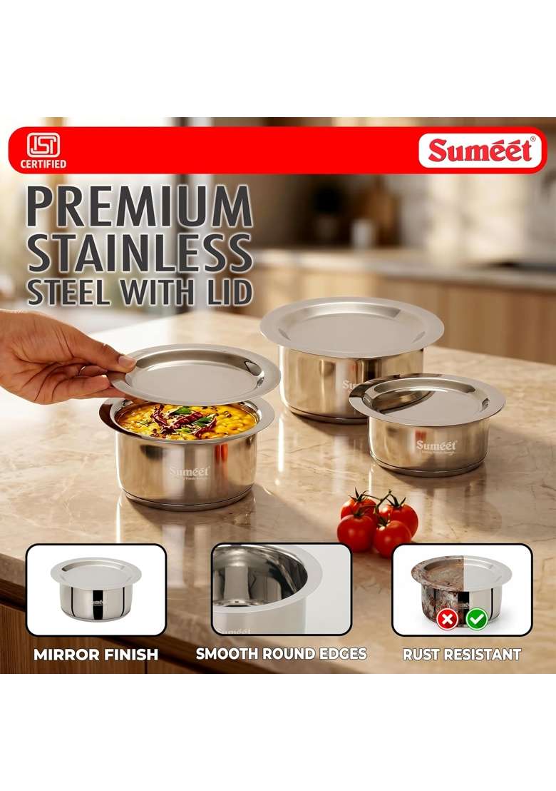 Sumeet ISI Certified Induction Bottom | 350 ml | 11.8 fl oz | 3-Piece Set | With Lid - Indya