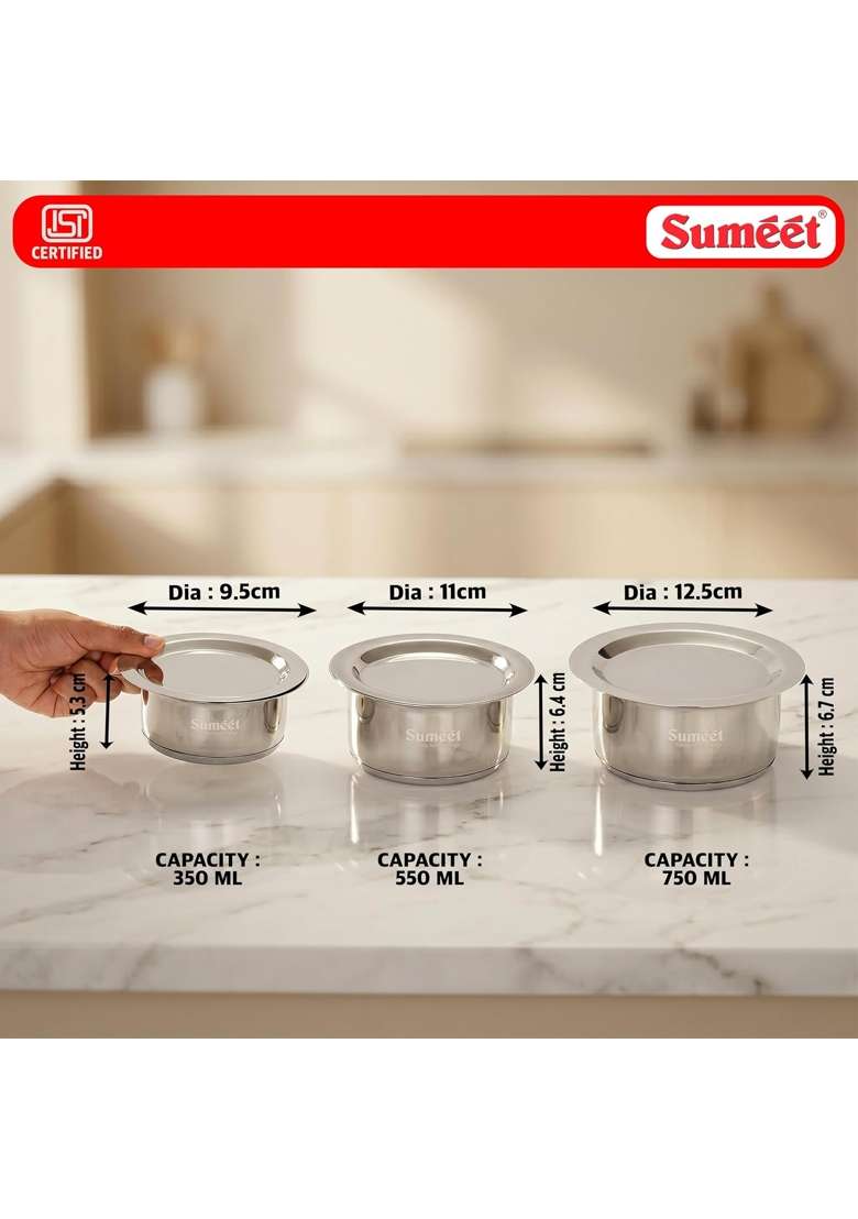 Sumeet ISI Certified Induction Bottom | 350 ml | 11.8 fl oz | 3-Piece Set | With Lid - Indya