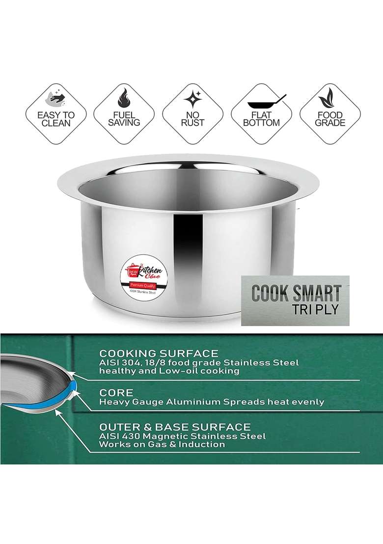 KITCHEN CLUE Stainless Steel Tope Set Milk Pot-Pan I Induction Base and Gastove Compatible I I | 1.6 L | 1.7 Qt | Tri-Ply - Indya
