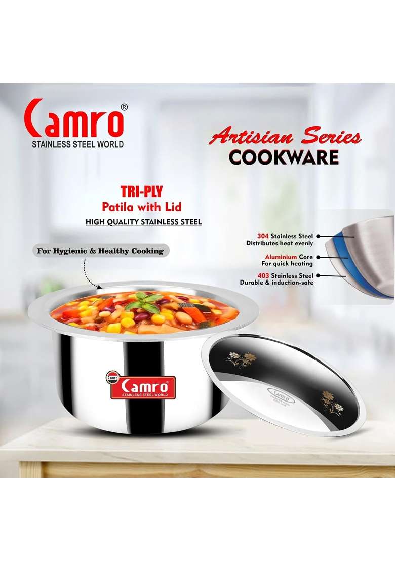 Camro Triply Artisan Tope Cooking Pot Patila Bhagona LId Included | 4 L | 4.2 Qt | Induction Compatible - Indya