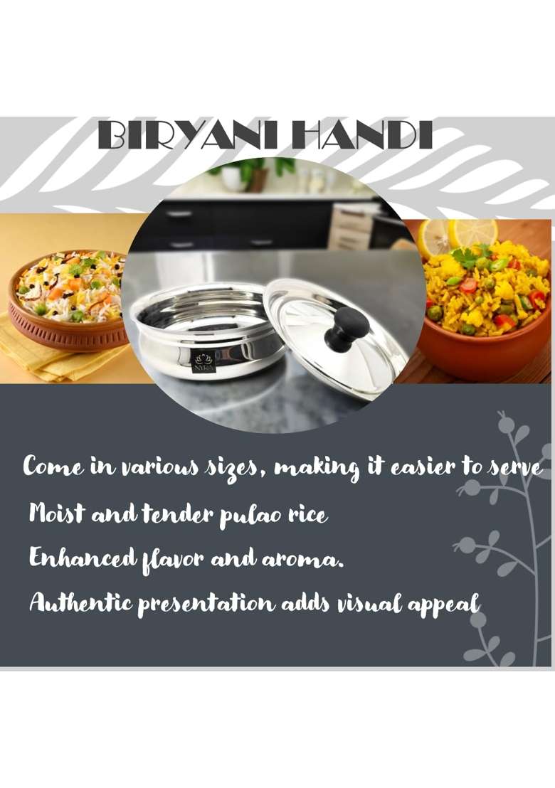 NYRA Stainless Steel Biryani Handi with Lid and PVC Knob | 1.5 L | 1.6 Qt - Indya