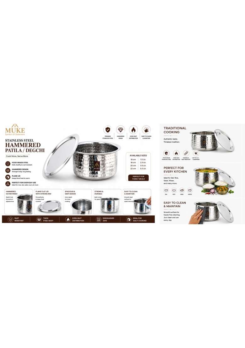 MUKE Stainless Steel with Hammerd Patila Cooking Pot | 3 L | 3.2 Qt | With Lid - Indya