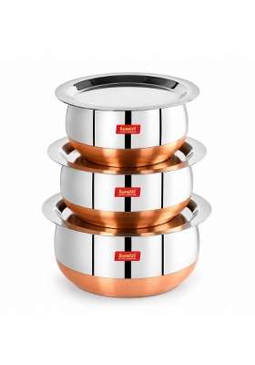 Sumeet Stainless Steel Copper Bottom Belly Shape Tope Cookware Pot Set with Lid | 380 ml | 12.8 fl oz | Pack of 3