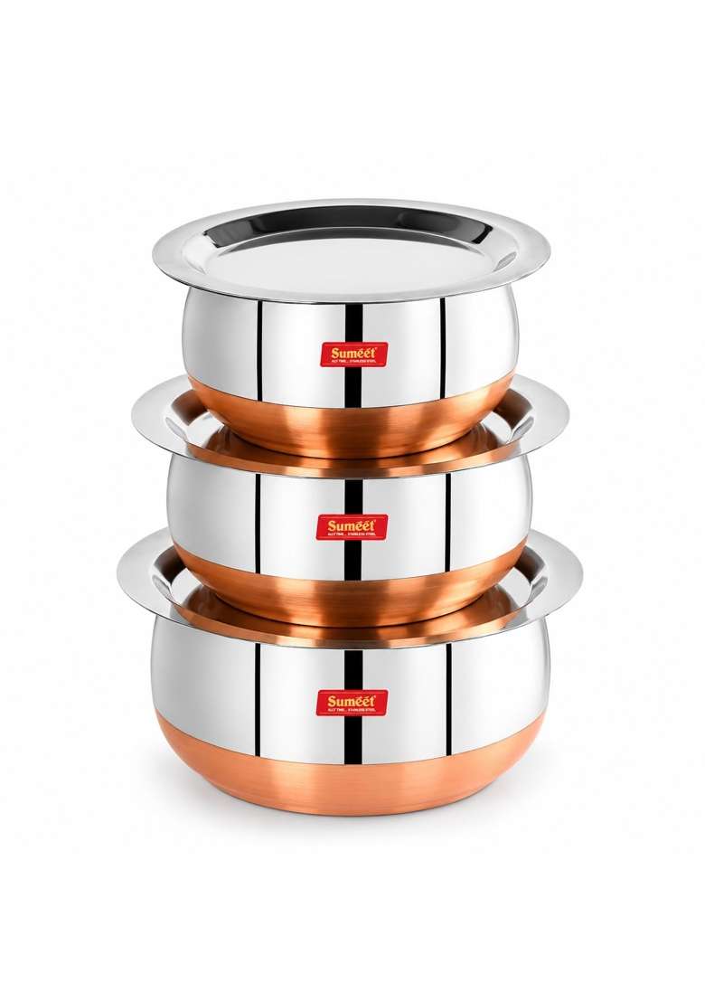 Sumeet Stainless Steel Copper Bottom Belly Shape Tope Cookware Pot Set with Lid | 380 ml | 12.8 fl oz | Pack of 3 - Indya