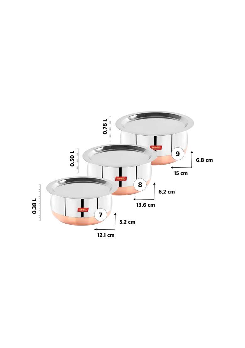 Sumeet Stainless Steel Copper Bottom Belly Shape Tope Cookware Pot Set with Lid | 380 ml | 12.8 fl oz | Pack of 3 - Indya