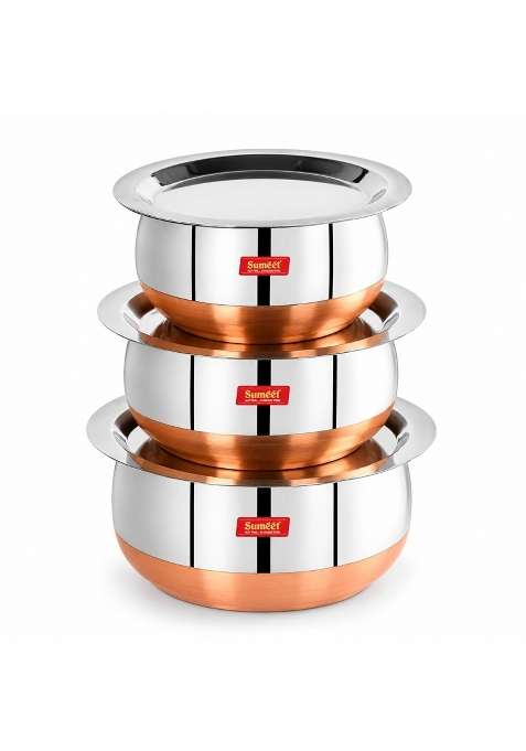 Sumeet Stainless Steel Copper Bottom Belly Shape Tope Cookware Pot Set with Lid | 380 ml | 12.8 fl oz | Pack of 3