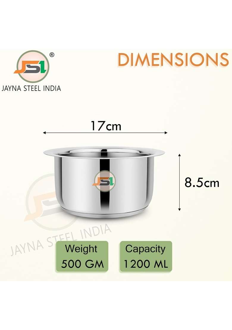 JSI Stainless Steel Milk Tope Cooking Pot Patila Bhagona | 1200 ml | 40.6 fl oz | 17 cm | 6.7 Inch | Induction Compatible | Tri-Ply - Indya