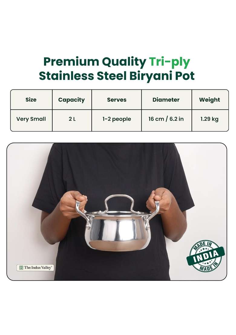 The Indus Valley Triply Stainless Steel Stock Pot with SS Lid Briyani Pot Handi Shaped Casserole | 2 L | 2.1 Qt | 16 cm | 6.3 Inch - Indya