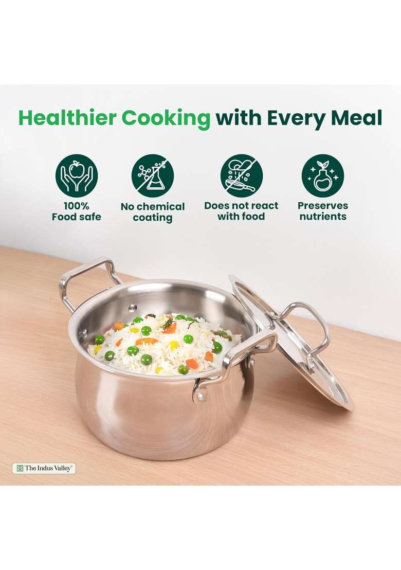 The Indus Valley Triply Stainless Steel Stock Pot with SS Lid Briyani Pot Handi Shaped Casserole | 2 L | 2.1 Qt | 16 cm | 6.3 Inch - Indya