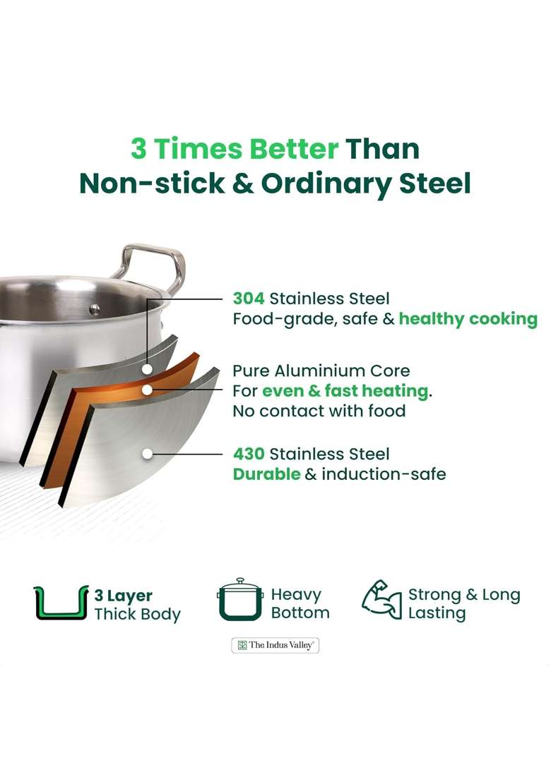 The Indus Valley Triply Stainless Steel Stock Pot with SS Lid Briyani Pot Handi Shaped Casserole | 2 L | 2.1 Qt | 16 cm | 6.3 Inch - Indya