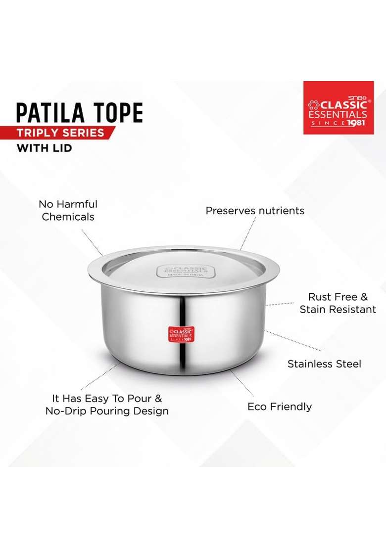 CLASSIC ESSENTIALS Triply Stainless Steel Tope Cooking Pot Patila with Stainless Steel Lid | 5 L | 5.3 Qt | 24.5 cm | 9.6 Inch - Indya