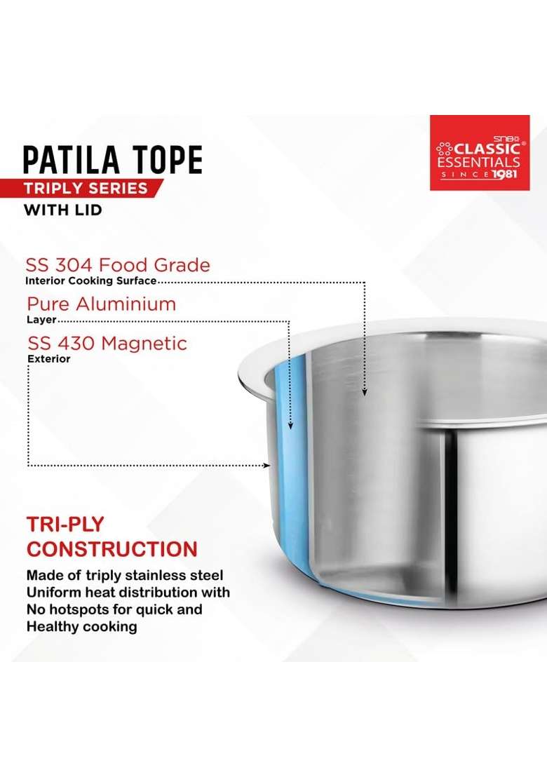 CLASSIC ESSENTIALS Triply Stainless Steel Tope Cooking Pot Patila with Stainless Steel Lid | 5 L | 5.3 Qt | 24.5 cm | 9.6 Inch - Indya