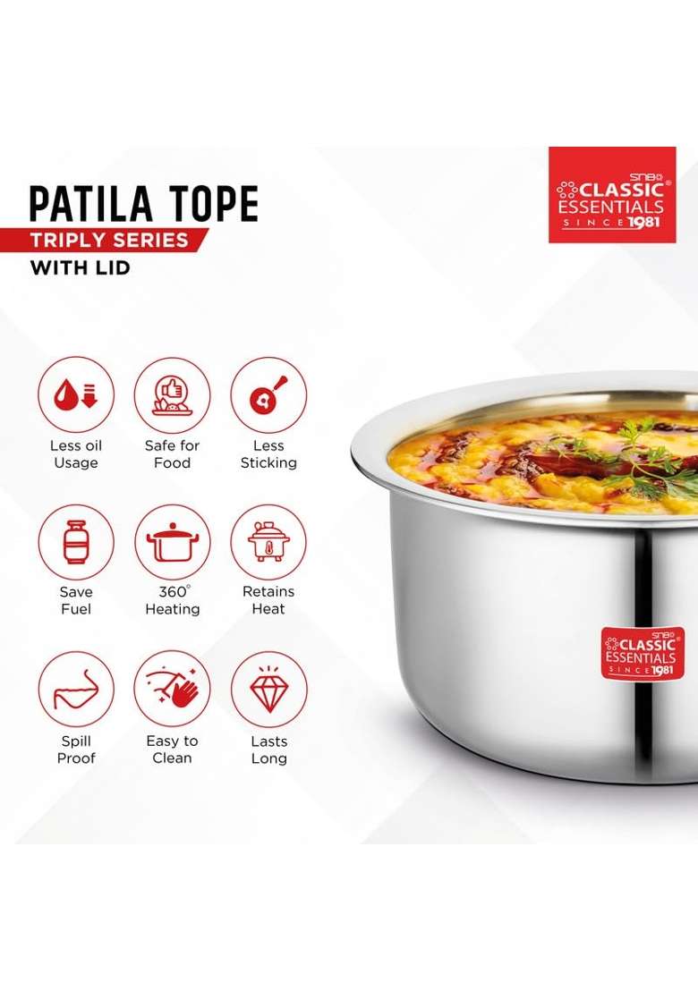 CLASSIC ESSENTIALS Triply Stainless Steel Tope Cooking Pot Patila with Stainless Steel Lid | 5 L | 5.3 Qt | 24.5 cm | 9.6 Inch - Indya