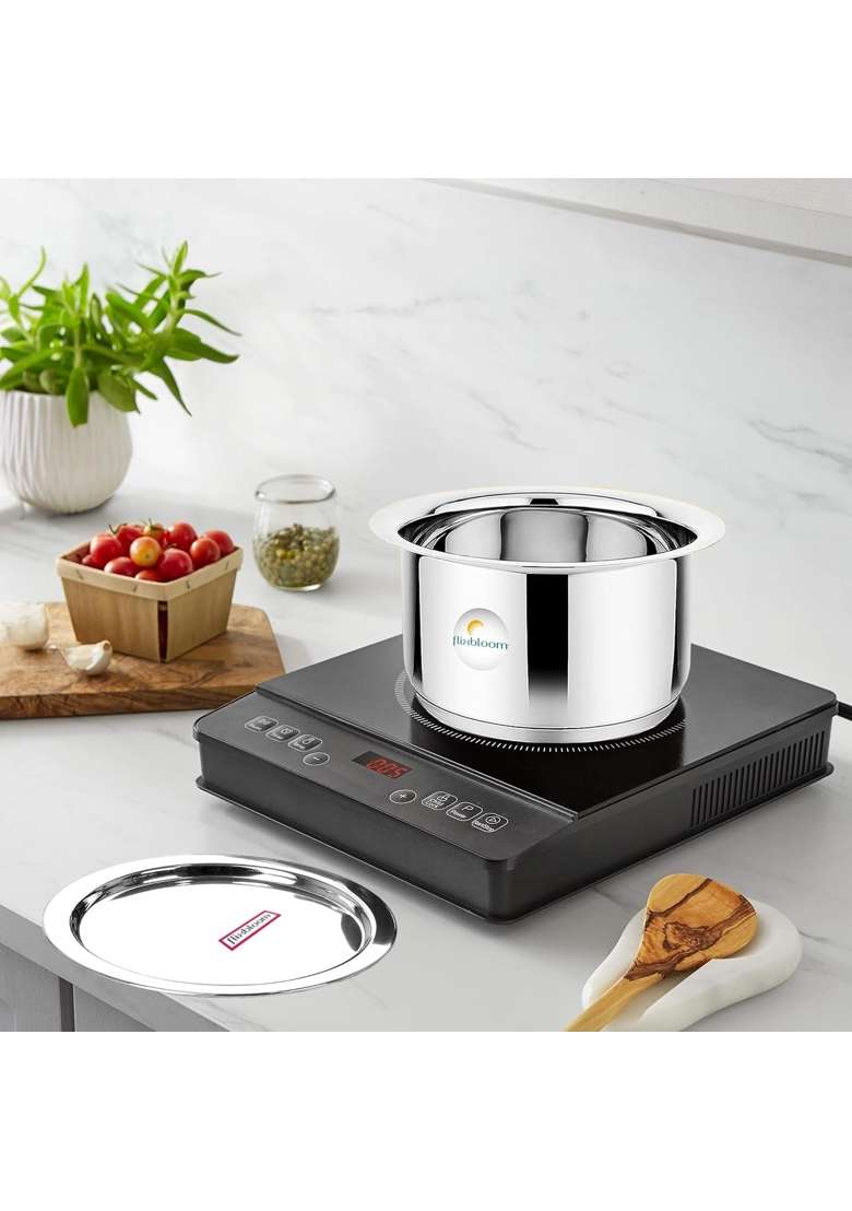 FLIXBLOOM Centric Kitchen Cookware Stainless Steel Triply-Sandwich Bottom Thick Gauge | 500 ml | 16.9 fl oz | Induction Compatible | With Lid - Indya