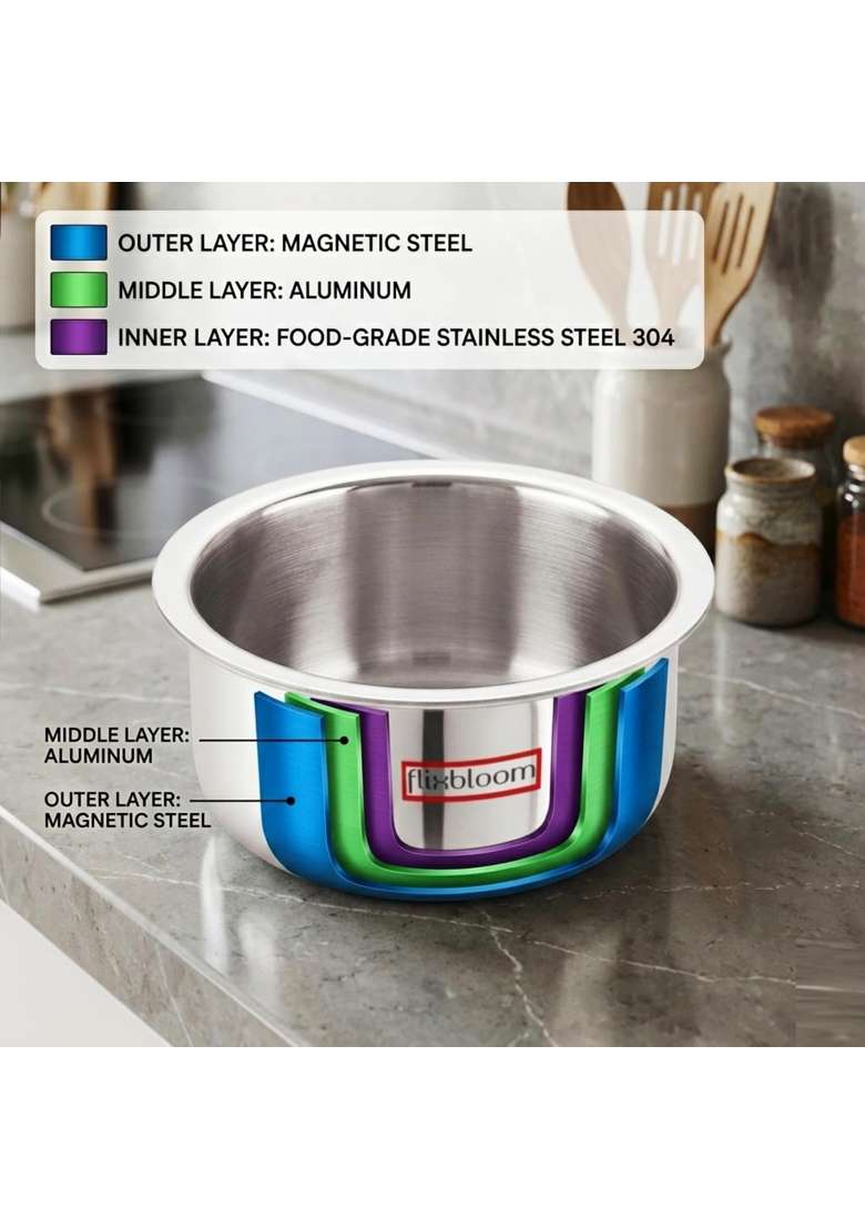 FLIXBLOOM Majesty Triply Thick Guage Heavy Duty Stainless Steel Food Grade Deep Kitchen | 2 L | 2.1 Qt | Induction Compatible - Indya