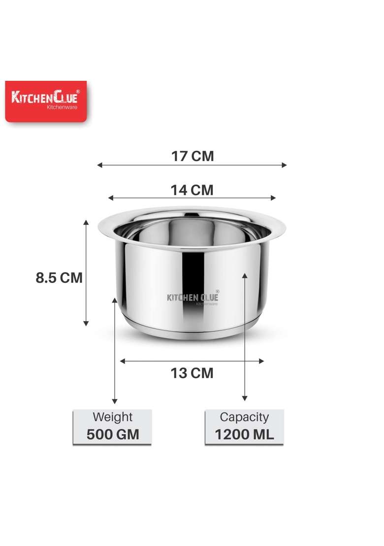 KITCHEN CLUE Stainless Steel 304 Grade Milk Tope Cooking Pot Patila | 1.2 L | 1.3 Qt | Induction Compatible | Heavy Bottom | Tri-Ply - Indya