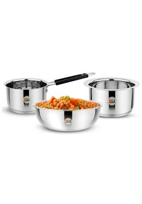 JSI Stainless Steel Triply Base Cookware Set | 1600 ml | 54.1 fl oz | 20 cm | 7.9 Inch | 3-Piece Set | Induction Compatible