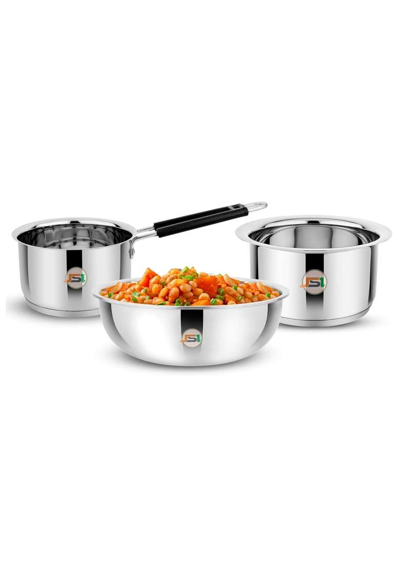 JSI Stainless Steel Triply Base Cookware Set | 1600 ml | 54.1 fl oz | 20 cm | 7.9 Inch | 3-Piece Set | Induction Compatible - Indya